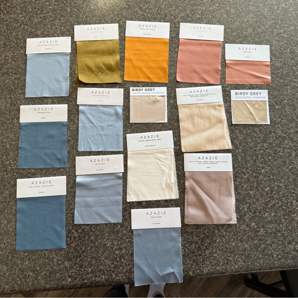 Azazie and Birdy Grey Fabric Swatches